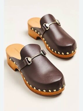 Anthropologie Dark Brown Studded Leather Clog Mules